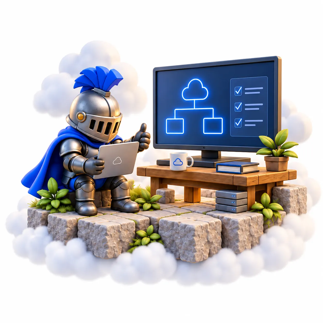 The knight holds a tablet beside a monitor showing an architecture diagram on a small warm-lit island.