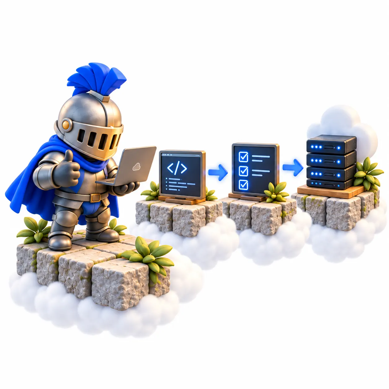 The knight beside a miniature deployment pipeline that carries work between small islands.
