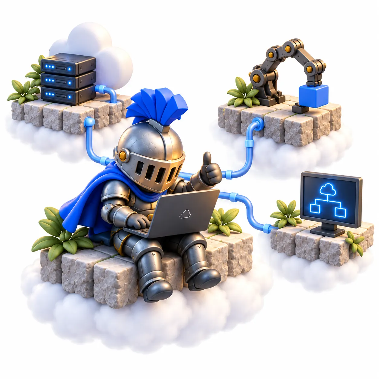 A small knight in a slotted helmet with a blue plume works at a laptop, linked to miniature islands of servers and tools.