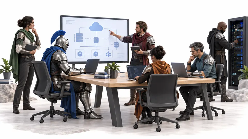 Illustration of six IT operators working with laptops, a cloud architecture diagram and a server rack, with armour as a visual motif.